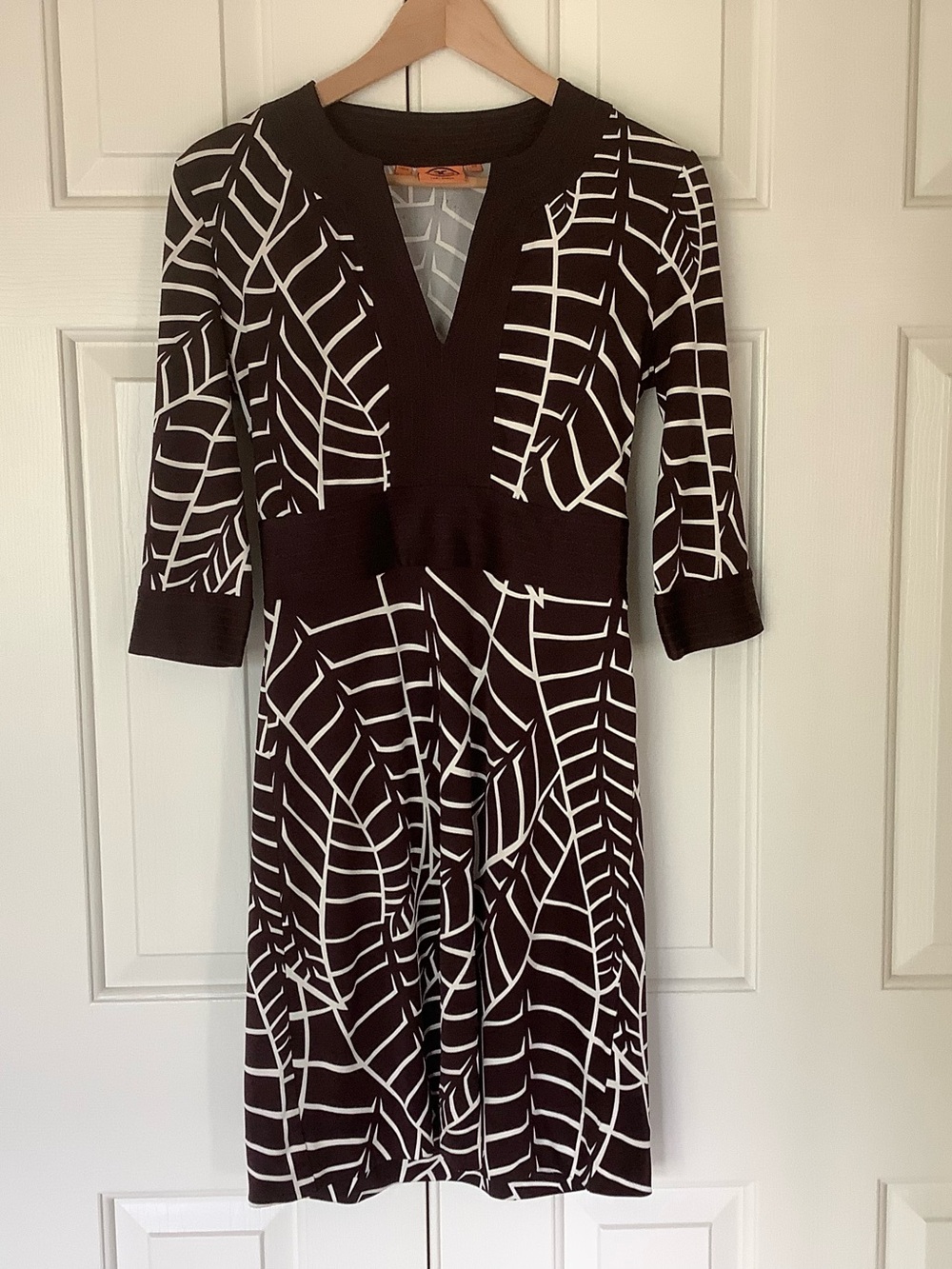 Tory Burch Brown and White V-Neck Silk Dress
